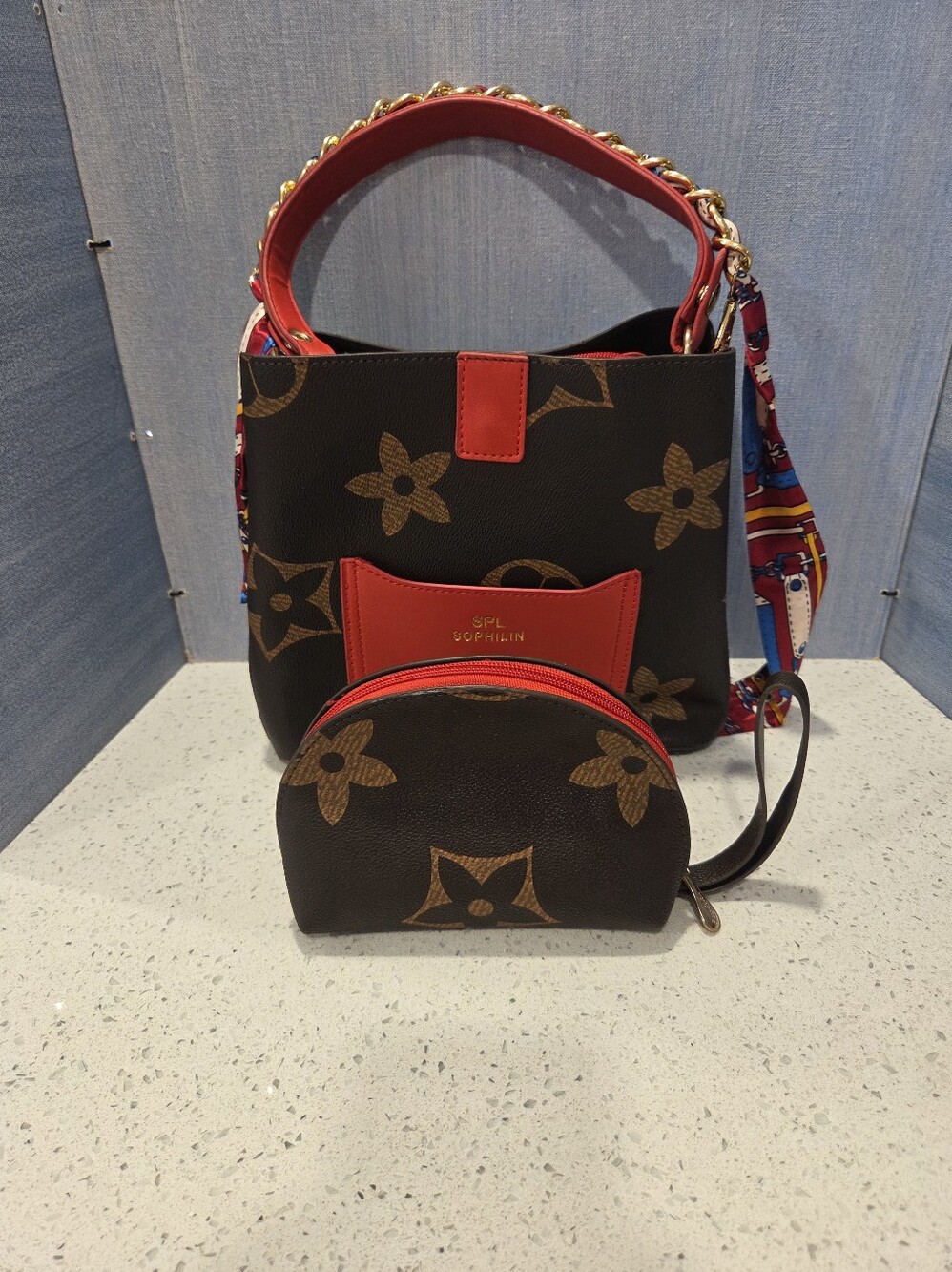 SPL Sophilin Brown Monogram Coated Canvas Shoulder Bag With Cosmetic Pouch